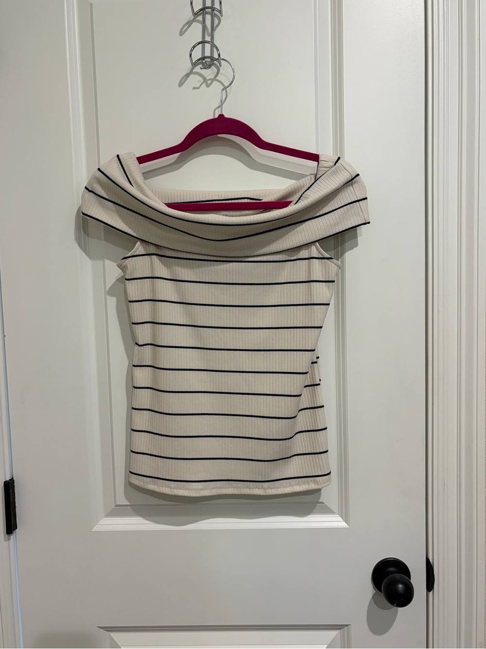 a new day Cream and Navy Striped Off-Shoulder Ribbed Top